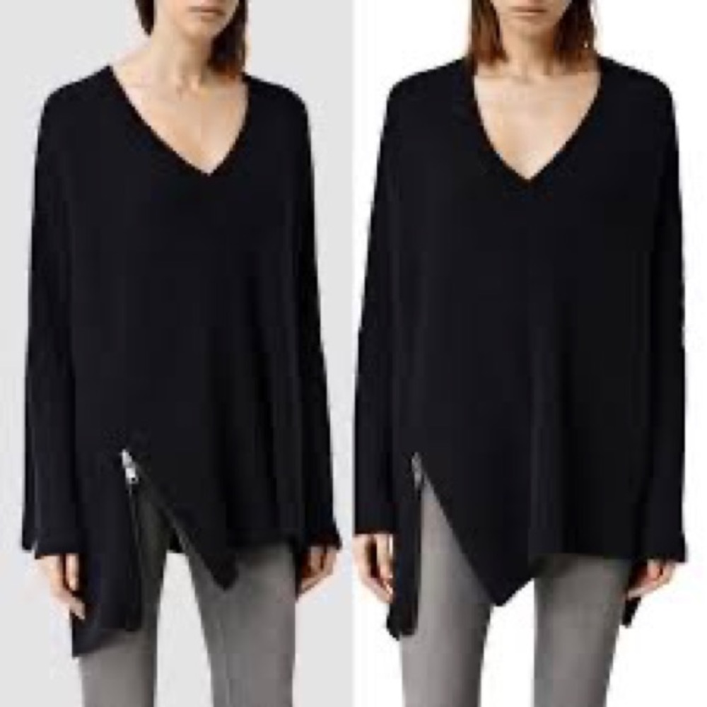 All Saints navy Able Zip Sweater Asymmetrical Xs fits big